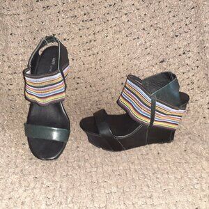 UNITED NUDE-Colorful Rainbow Elastic Strap-Black Leather Wedge-Sz 36-Excellent